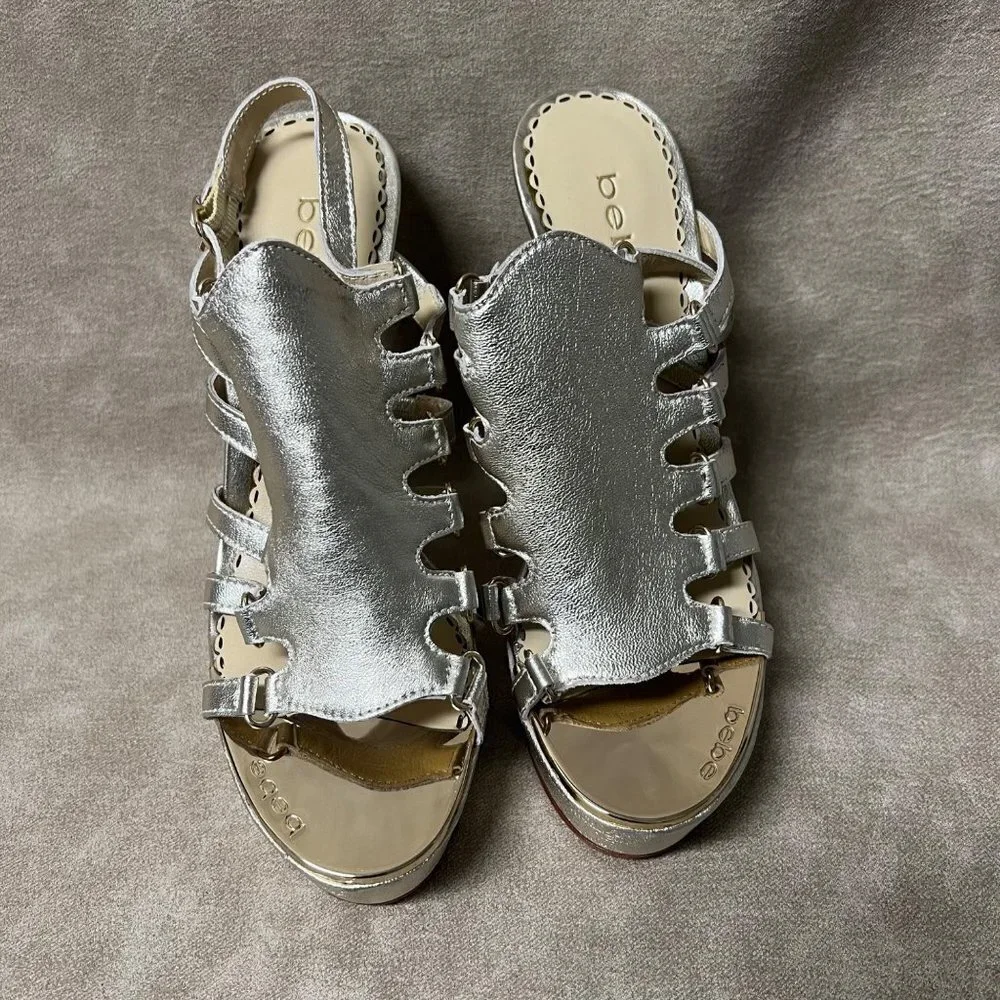 BEBE Naomi Gold Summer Real LEATHER Gladiator Caged Heel Shoes sz 8